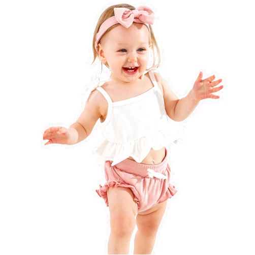 SYNPOS Newborn Baby Girls Summer Outfit Infant Cute Shorts Set Toddler Girls Ruffle Top Shorts Headband 3PCS Clothes Set 0-24M