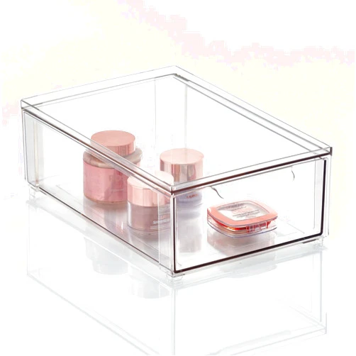 mDesign Plastic Stackable Bathroom Storage Organizer Bin Containers with Front Pull Drawer for Bathroom Countertop, Vanity, Closet Shelves - Holder for Beauty Accessories - Lumiere Collection - Clear