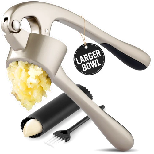 Zulay Kitchen Large Premium Garlic Press Set - Bigger Bowl for Bigger Garlic - Rust Proof & Dishwasher Safe Garlic Mincer Tool - Easy-Squeeze, Easy-Clean Silicone Garlic Peeler & Brush (Silver)