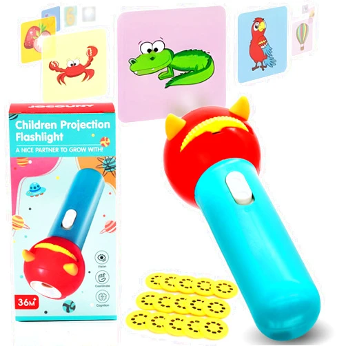 JOCOUNY Children's Projector Toys - Kids Electric Projected Torch Flashlight with 15 Discs 120 Images Educational Learning Toy Gifts for Kids (Blue-Red)
