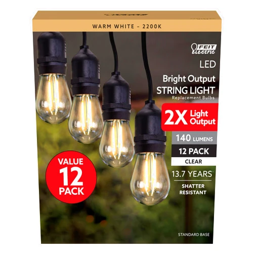 Feit Electric S14 LED Filament Light Bulbs, High Output, 2200K Warm White, 140 Lumens, String Light Replacement Bulbs, 15,000-Hour Lifespan, Clear Durable Housing, S14HO/822/FIL/12 (Pack of 1)