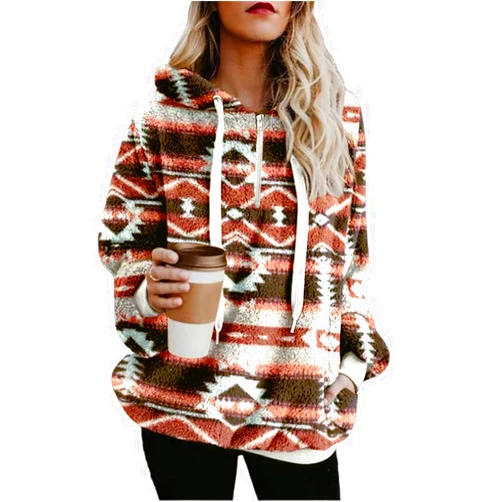 chouyatou Women's Warm Half Zip Tribal Aztec Printed Hooded Fuzzy Fleece Hoodie Sweatshirt