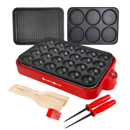 Health and Home Multifunction Nonstick Baking Maker with 3 Interchangeable Baking Plates for Grill,Pan Cake and Cake Pops,Takoyaki Maker.RED