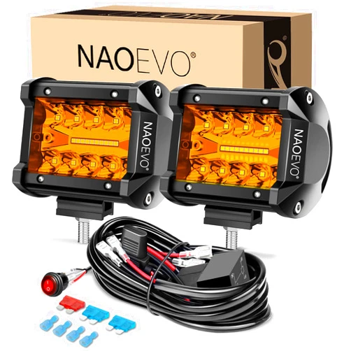 NAOEVO 4 Inch LED Pod Lights, Spot Flood Amber LED Fog/Driving/Off Road Lights with 2 Leads Wiring Harness, Cube Pods for Truck Boat ATV UTV, 2 Pcs (Amber)