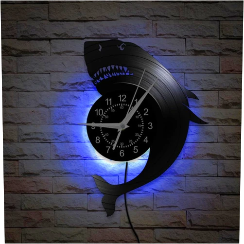 TIMEGLOW 12 Inch Shark Ocean Vinyl Record Wall Clock 7 Color Changing, Fish Sea Marine Animal Wall Clock Modern Silent Non Ticking LED Night Light Wall Watch Clock for Kids Room Fish Lovers Gifts