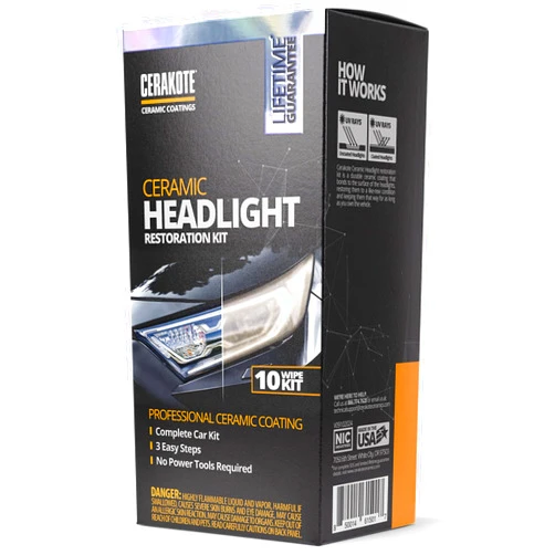 CERAKOTE® Ceramic Headlight Restoration Kit – Guaranteed To Last As Long As You Own Your Vehicle – Brings Headlights Back to Like New Condition - No Power Tools Required - 10 Wipe Kit