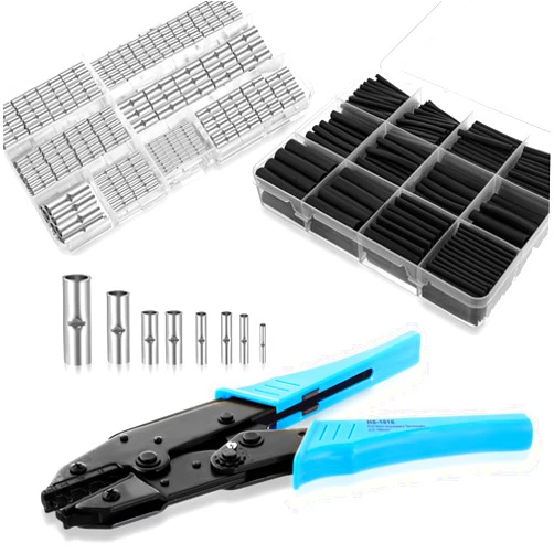 Hicarer 380 Pcs Non Insulated Butt Connectors Kit Wire Butt Splice Connectors, with 400 Pcs Heat Shrink Tubing Kit 3: 1 Ratio Adhesive Lined, and Wire Crimping Tool for 26 to 6 Gauge Wire