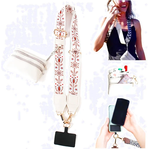 Surlveia Crossbody Body Phone Holder for Women, New Phone Strap with Zippered Pouch, Adjustable Crossbody Strap (Flower white)