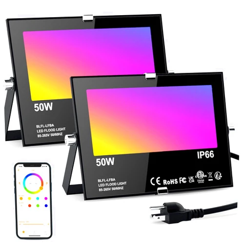 ChangM LED Flood Lights RGB Color Changing 500W Equivalent, Outdoor RGBW Bluetooth Smart Floodlights APP Control, IP66 Waterproof, Timing, 2700K&16 Million Colors 23 Modes for Stage Landscape Lighting 2 Pack