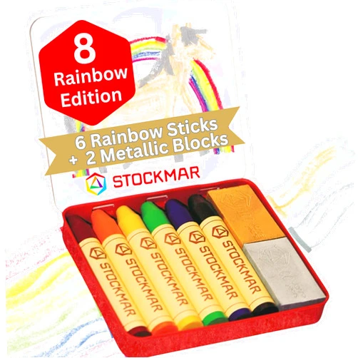 Stockmar Wax Crayons - Anniversary Rainbow Edition - 6 Sticks, 2 Metallic Gold and Silver Blocks, Beeswax Crayons, in Tin Case, Waldorf Art Supplies