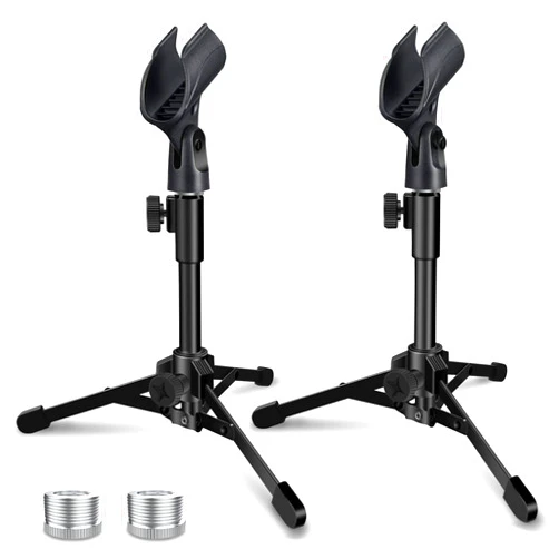 Mictop 2 Pack Desktop Mic Stand, Portable Foldable Tripod with Mic Clip Holder, Adjustable Microphone Stand For Dynamic Microphone.
