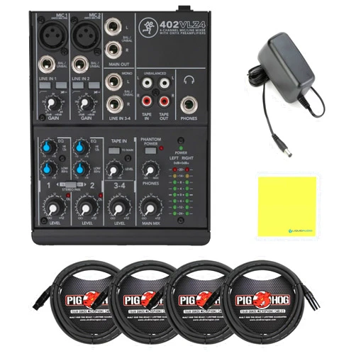Liquid Audio Mackie 402VLZ4 4-Channel Ultra-Compact Analog Mixer Bundle w/ 4-Pack Pig Hog PHM10 8mm Mic Cable and Liquid Audio Polishing Cloth