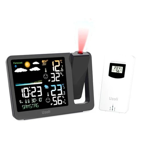 uzoli Projection Alarm Clock Weather Station, WWVB Atomic Projector Clock with Sensor, Adjustable Backlight, Indoor Outdoor Temperature Humidity, Digital Projection Clock for Bedroom Ceiling