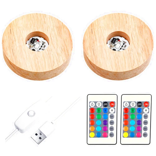 Mudder 2 Pieces LED Light Base Display Base Lighted Display Stand,16 Colored USB Light Table Light Base Wood Round Crystal Light Art Table Centerpiece with Remote Control