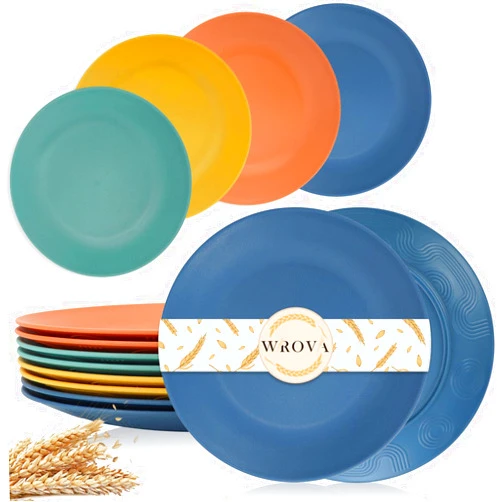 Wrova Wheat Straw Dinner Plates 10 Inch Unbreakable Set of 8 - Dishwasher & Microwave Safe Plastic Plates Reusable - Lightweight Plates for kitchen,camping,salad,appetizer - Colorful