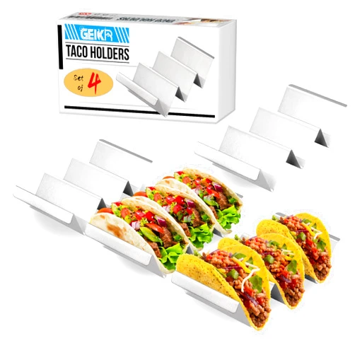 GEIKR Taco Holder 4 Packs - Stainless Steel Taco Holders Set of 4 by GEIKR, Oven & Dishwasher & Grill Safe Taco Trays, Each Metal Taco Stands for 3 Tacos, Stylish Taco Rack with Handles