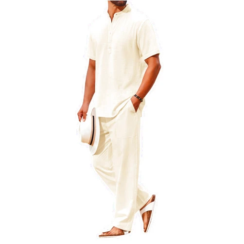 COOFANDY Men's 2 Piece Cotton Sets Casual Short Sleeve Henley Shirts and Beach Pants with Pockets Summer Vacation Outfits