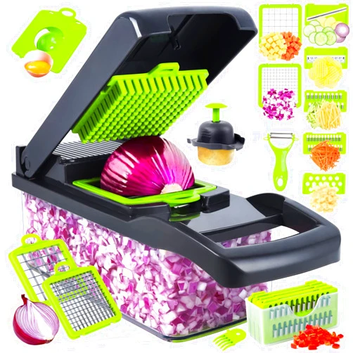 SNIFITAR Vegetable Chopper, Pro Onion Chopper, 14 in 1Multifunctional Food Chopper, Kitchen Vegetable Slicer Dicer Cutter,Veggie Chopper With 8 Blades,Carrot and Garlic Chopper With Container (Gray)