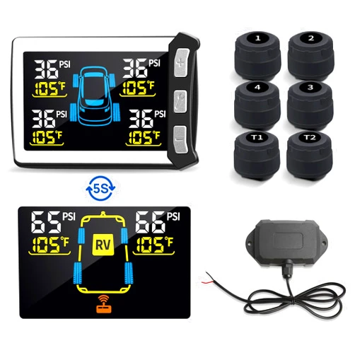 Masoll RV/Trailer Tire Pressure Monitoring System, Tire Pressure Monitor with Color LCD Display, TPMS with 6 Sensors for Travel Trailer/5th Wheel/Camper, 0-87PSI with 120ft Transmission Distance