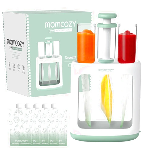 Momcozy Baby Food Maker for Puree Food Storage, Precise Capacity Squeeze Station, Save Time & Efficient, No Food Splashing, Baby Essentials, with 5pcs Reusable Portable Food Storage Bags for Outdoor
