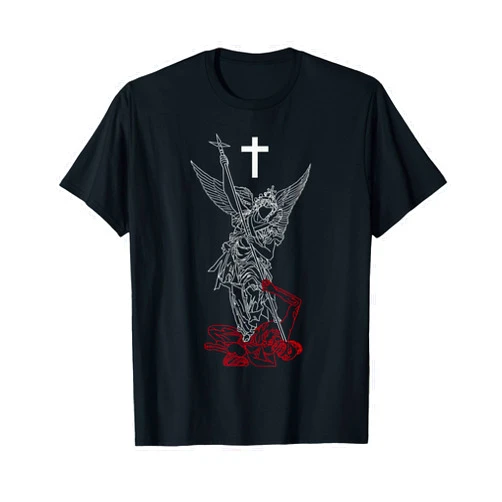 Saint Michael Warrior Faith Merch Co. Saint Michael The Archangel Defeating Satan Warrior Faith T-Shirt