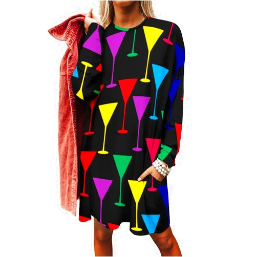 TUBIAZICOL6 Color Martini Glass Women's Long Sleeve Tunic Tops Casual Shirts Crew Neck Long T Shrits with Pocket