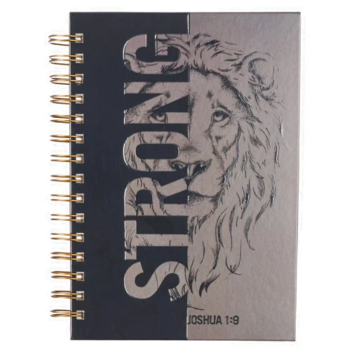 Christian Art Gifts Journal w/Scripture Strong Lion Joshua 1:9, Black and Gray 192 Ruled Pages, Large Hardcover Notebook, Wire Bound