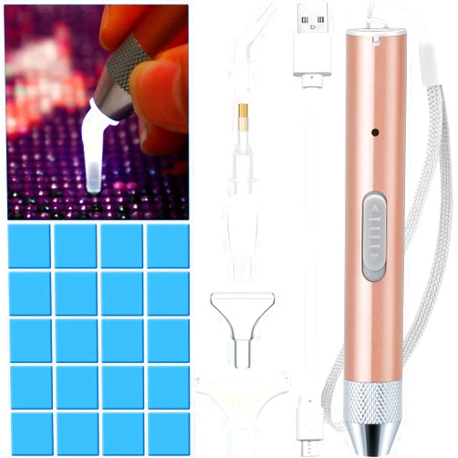 Maitys Diamond Painting Pen Point Drill Pen with Light 5D DIY Diamond Painting Tool with 20 Pieces Painting Glue Clay 5 Pieces Replacement Pen Heads for DIY Painting Craft (Rose Gold)