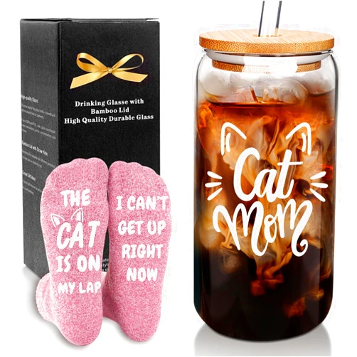 Mason Life Cat Mom Gifts, Cat Lover Gifts for Women, Cat Lover Gifts, Cat Mom Gifts for Women, Cat Mom Socks, Gift for Cat Lover, 18oz Glass Cups with Lids and Straws