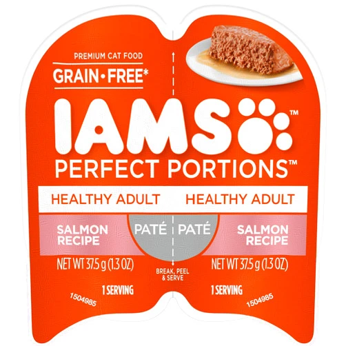 IAMS Perfect Portions Healthy Adult Grain Free Wet Cat Food Paté, Salmon Recipe, 2.6 oz. Easy Peel Twin-Pack Trays (24 Count, 48 Servings)