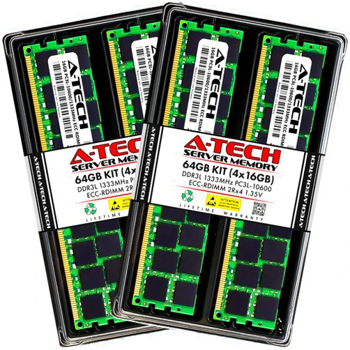 A-Tech 64GB Kit (4x16GB) Memory RAM for Dell Precision T3600 - DDR3L 1333MHz PC3-10600 ECC Registered RDIMM 2Rx4 1.35V - Server