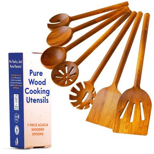 Ziruma 7-Piece Wooden Spoons for Cooking, Non Toxic Cooking Utensils Glue & Formaldehyde-Free, Comfort-Grip Acacia Wood Utensils, Non Scratch Wooden Utensil Set - Wooden Cooking Utensils