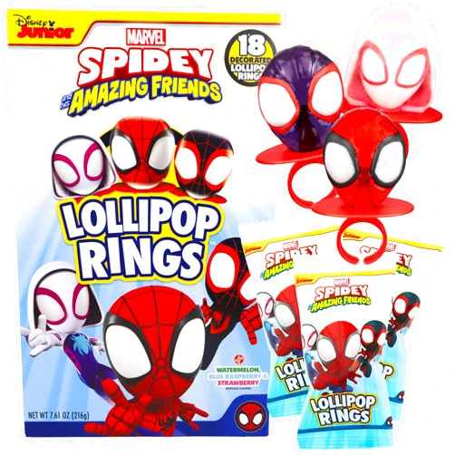 Imaginings 3 Spidey and His Amazing Friends Birthday Party Favor, Individually Wrapped Lollipop Rings, Ghost-Spider, and Miles Morales Decorated Suckers, Box of 18