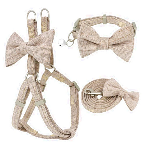 Wonfar Dog Harness Leash Collar Set Adjustable Soft Cute Bow Double Layer Dog Harness for Small Medium Pet Collar Leash Outdoor Walking (S, Beige)