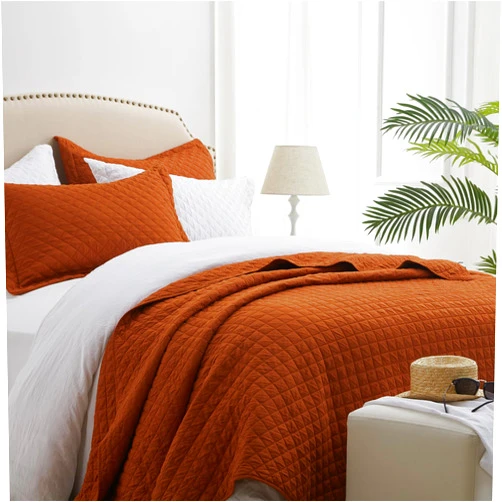 SunStyle Home Queen Quilt Bedding Set with Pillow Shams, Full Queen Size Quilt Brunt Orange, Lightweight Comforter Bedspreads Soft Reversible Coverlet for All Season 3pcs Rust Diamond Quilted Bed Set