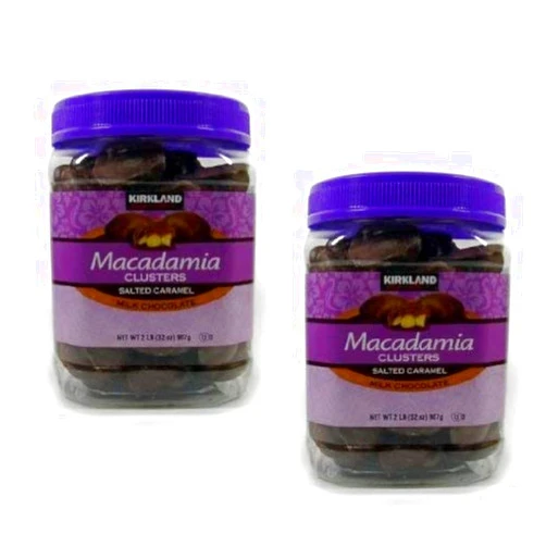 Kirkland Signature Macadamia Clusters Salted Caramel Milk Chocolate JAR - 2 Pack of 2 Lb (32 Oz) Each JAR