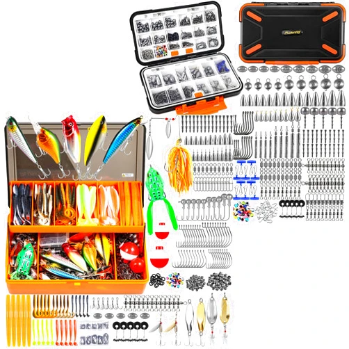 PLUSINNO 397pcs Fishing Accessories Kit and 404 PCS Fishing Lures, Upgrade XL Fishing Tackle Box with Tackle Included