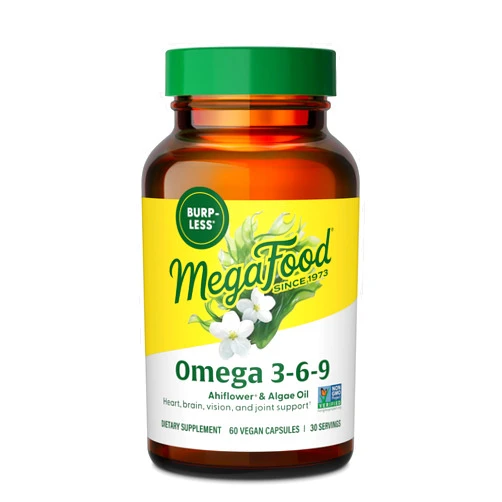 MegaFood Vegan Omega 3 6 9 - Burp-less Omega 3 Supplement - 600 mg Plant-Based Omega-3 & 150 mg DHA Per Serving - Heart, Brain, Vision & Joint Support - Fish Oil Alternative - 60 Capsules, 30 Servings