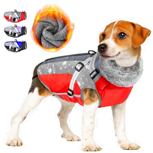 Lukovee Dog Coat with Harness Built in, Waterproof Fleece Warm Dog Coats for Small Medium Dogs Puppy, Reflective Adjustable Furry Vest Jacket Clothes for Outdoor Walking(Red,Medium)