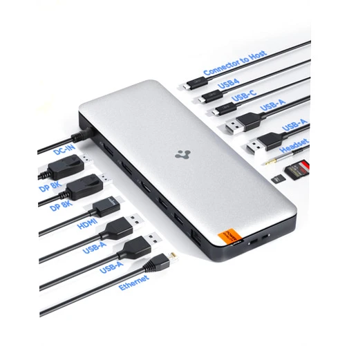 Spigen ArcDock Pro [14 in 1] 8K Thunderbolt 4 Docking Station, Triple Dual Monitor Hub 4K HDMI DP Dock USB4 96W Micro/SD 4.0 Ethernet for MacBook Pro/M3/M2/Air Windows[USB C Cable, Adaptor Included]