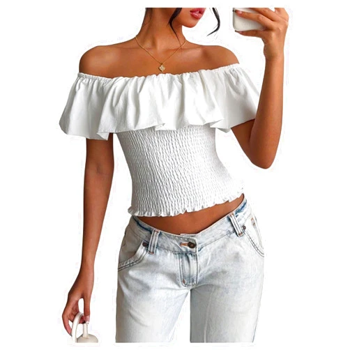 WDIRARA Women's Off The Shoulder Blouse Ruffle Short Sleeve Smocked Going Out Crop Tops