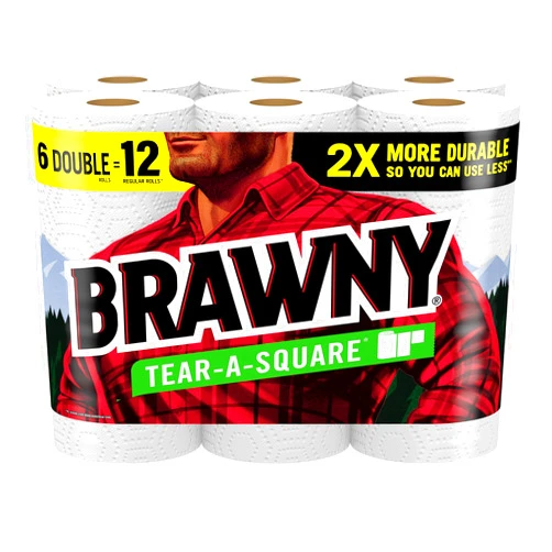 Brawny Tear-A-Square Paper Towels, 6 Double Rolls = 12 Regular Rolls, 3 Sheet Sizes (Quarter, Half, Full), Strength for All Messes, Cleanups, and Meal Prep