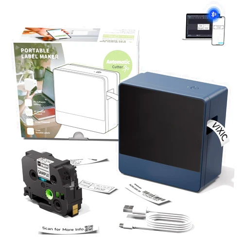 Vixic Label Maker Machine with-Tape, P780BT Rechargeable Label Maker with Bluetooth & PC Connectable Use BZ-Tape up to 1 Inch, Multiple Font Icon Inkless Labeler for Home Office Business
