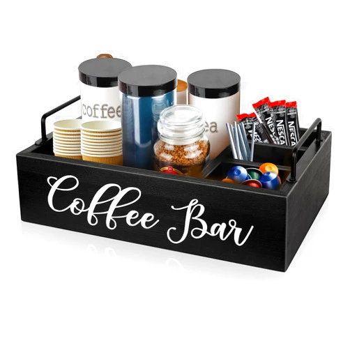 MINCORD Coffee Station Organizer Wooden Coffee Bar Organizer for Countertop, Coffee Bar Accessories Organizer Farmhouse Kcup Coffee Pod Holder Storage Basket with Handle - Black