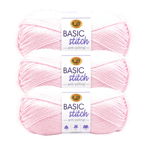 Lion Brand Yarn Basic Stitch Anti-Pilling Knitting Yarn, Yarn for Crocheting, 3-Pack, Baby Pink