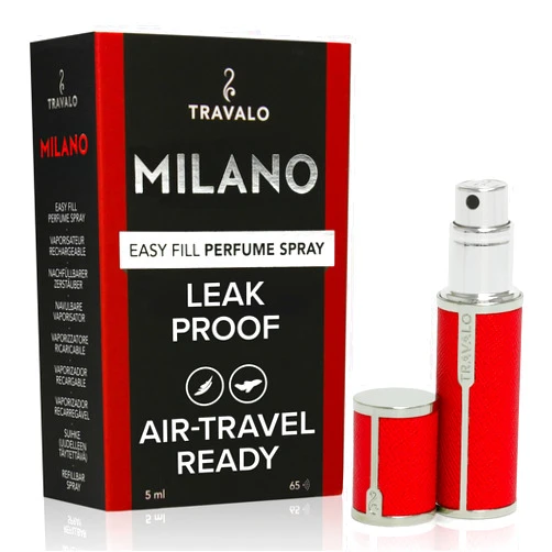 Travalo Milano Perfume Atomizer - Elegant Design for Valentine’s Day - Reusable, Airtight, Easy Fill Mini Pump Sprayer - Vegan Leather with Polished Metal Outer Shell - Red