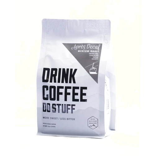 DRINK COFFEE DO STUFF, Apres, Decaf, Whole Bean, Medium Roast, Sweet, Chocolate, Caffeine, Organic, Lake Tahoe Coffee