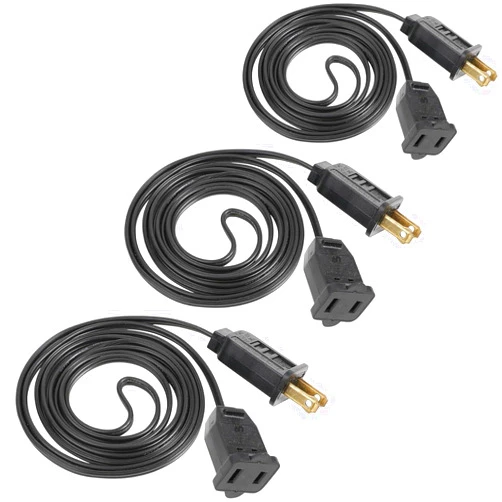 SOTOPOO 3 Pack Black Extension Cord 6 Feet Waterproof, 2 Prong Extension Cords with 2 Pole Brass Straight Blades Polarized Plug Short Extension Cords, for Connect/Extend String Light Indoor Outdoor (18Ft)