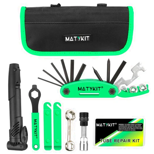 MatyKit Bike Repair Kit with Tools Bag + Bicycle Pump + Bike Multitool + Crank Extractor and Wrench + Bone Wrench + Tire Lever + Bike Glueless Patches Set