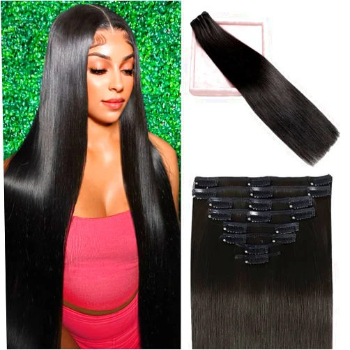 POGINJA Clip in Hair Extensions Real Human Hair, 20 Inch 105g 100% Remy Human Hair Clip in Extensions for Women, Invisible Straight Seamless Clip ins Hair Extensions 8pcs Double Weft #1B Natural Black